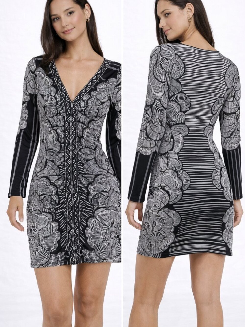 Hale Bob Silk Black White Abstract Fitted Jersey Dress V Neck Long Sleeve XS